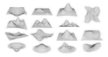 3D kablo şekil koleksiyonu. Dalgalı, dinamik, ince çizgilerin soyut ızgarası. Bakış açısı. Geometrik şekil. Retro fütüristik nesneler. Dekoratif elementler. Vektör illüstrasyonu beyaz arkaplanda izole edildi