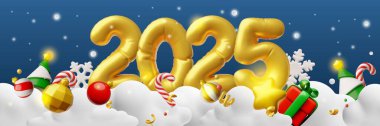 2025 from inflated balloon on festive vector banner design 3D style. Cartoon pine trees, gift box, candy cane and decorations balls on clouds with snow. Merry Christmas, Happy New Year winter holidays clipart