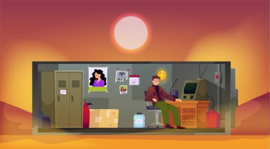 Bunker with man in a lifeless desert area. Vector cartoon shelter room interior with hopper door, stocks storage, water, control command station with retro walkie talkie and computer clipart