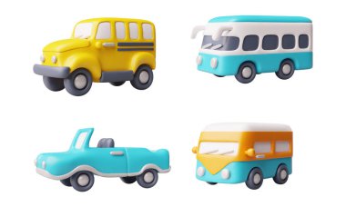 3D set of retro cars in yellow and blue colors. Jeep, bus, convertible and minivan. 60s Realistic city transport. Render. Cute plastic toy. Vector illustration isolated on white background. clipart