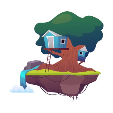 Game island with huts on the tree trunk in the sky. Vector flat cartoon cute fairy tale village house with stairs. Rural village wooden dwelling on floating rock land with waterfall clipart