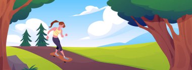 Vector illustration of a girl riding a skateboard on the road in the park. Active summer life outside the city against the background of clear sky and green trees clipart