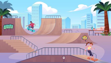 Vector illustration of a skate park with a girl and a guy on skateboards. Ramps, palm trees and graffiti convey the bright summer energy of the city. clipart