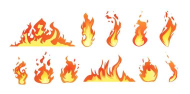 Fire effect set. Cartoon style. Red-yellow hot blaze. Bright warm flame. Burning and bonfire icons. Power. Energy. Decorative design element. Vector illustration isolated on white background. clipart