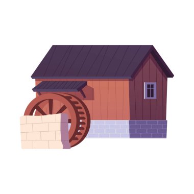 Water mill flat icon. Vintage stone and wooden house with wheel to grind flour using kinetic energy of river stream hydropower. Cartoon countryside building vector illustration isolated on white clipart