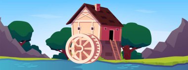 Water mill among the mountains and trees. Vintage stone and wooden house with wheel to grind flour using hydropower of river. Cartoon countryside building in nature landscape vector illustration clipart