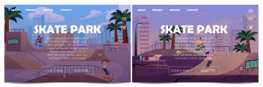 Vector set of skate park posters with a girl and a guy on skateboards. Ramps, palm trees and graffiti reflect the active summer life in the city. clipart