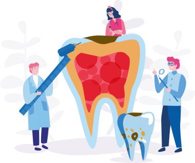 Diş sağlığı kliniği konsepti olan dişçi, vektör illüstrasyonu 