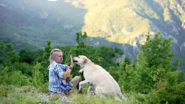 Girl Dreadlocks Two Fawn Labradors Backdrop Mountains Friendship Walking Dogs — Stock Video