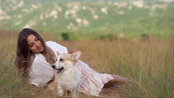 Chica Está Jugando Comunica Con Perro Pembroke Corgi Naturaleza Campo — Vídeo de stock