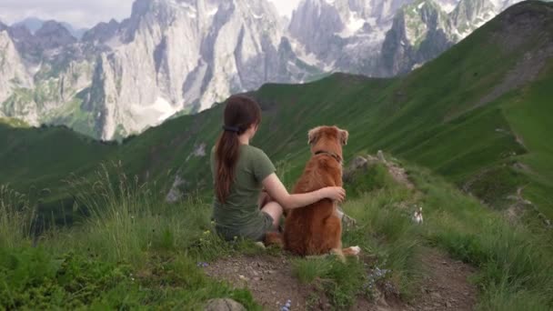 Girl Tolling Retriever Dog Mountains Traveling Pet Adventure Animal Hiking — Stock Video