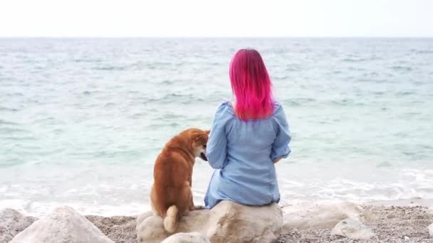 Dziewczyna Różowymi Włosami Czerwonym Psem Wybrzeżu Idź Swoim Zwierzakiem Nad — Wideo stockowe