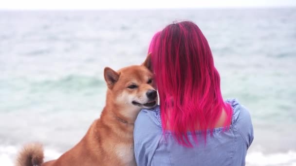 Menina Com Cabelo Rosa Cachorro Vermelho Praia Caminhe Com Seu — Vídeo de Stock