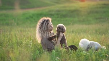 İki köpekli kıvırcık saçlı kız gün batımına karşı. Doğadaki kadın ve kanişler güneşte