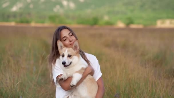 Girl Holds Dog Her Arms Funny Pembroke Welsh Corgi Woman — Stock Video