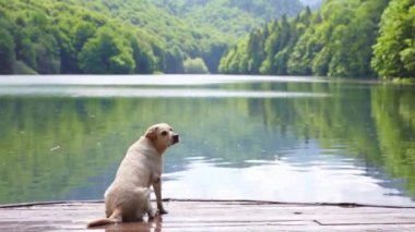 Göl kenarındaki Labrador, doğayla iç içe geçen sakin bir an. Sadık bir yoldaşla gezgin şehvet ve barışı çağrıştıran sakin bir video.