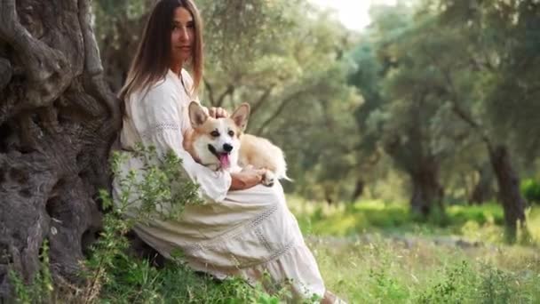 自然の中で静かな抱擁 女性は穏やかなオリーブの木にペンブローク ウェールズ コルジを包み込む 彼女の腕に犬を抱えている少女 — ストック動画