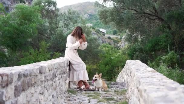 Egy Áramló Ruhában Élvezi Nyugodt Pillanatot Kutyájával Egy Ősi Kőhídon — Stock videók