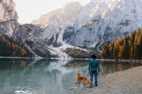 A tranquil moment is captured as a person and their golden retriever stand by a glassy alpine lake, mountains rising majestically in the background