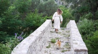 Dalgalı elbiseli bir kadın köpeğiyle bereketli bir vadideki antik bir taş köprüde huzurlu bir anın tadını çıkarıyor.. 