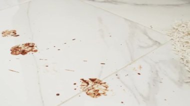 Yumuşak halının yanında kırıntılar olan kirli zemin. Resim, temiz halı ve dağınık zemin arasındaki kontrastı vurgular.