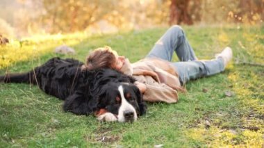 Bir kadın ve Bernese Dağ Köpeği çimlere uzanıp güneşli bir korulukta sakin bir anın tadını çıkarıyorlar..