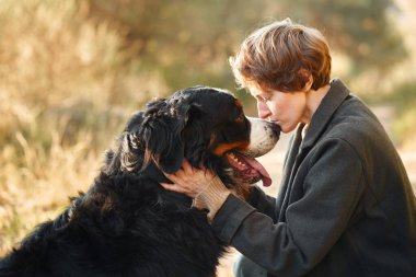 Bir kadın ve Bernese Dağ Köpeği otlak bir alanda sessiz, sevgi dolu bir anı paylaşıyor..