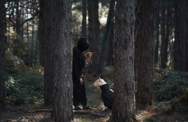 A person in Halloween costume stands with a bull terrier in the dark forest, creating a spooky scene. The eerie setting and costumes enhance the Halloween spirit. clipart