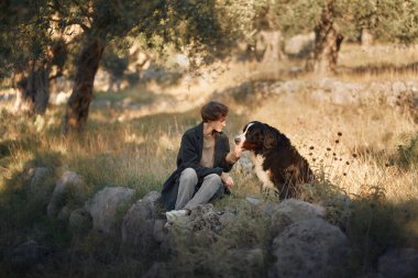 Bir kadın ve Bernese Dağ Köpeği sakin bir ormanın ortasında kayaların üzerinde dinleniyorlar..