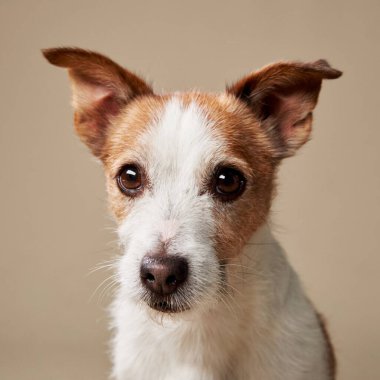 Bej arka planda Jack Russell Terrier 'ın yakın plan fotoğrafı. Köpek odaklanmış bakışlar ve dikkatli kulaklar keskin, temiz bir portre oluşturur..