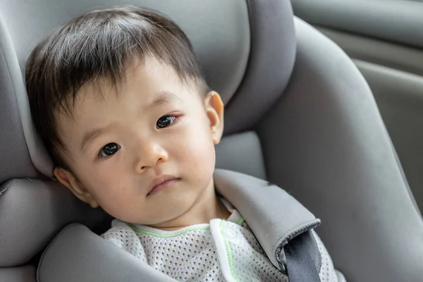Portrait image unhappy face of 1 to 2 years old childhood child. Face of unhappy while sit on safety car seat