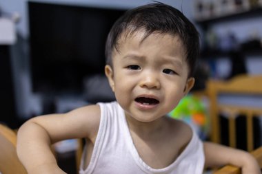 Portrait image of 1 to 2 years old childhood child. Face of relax and happy Asian boy in head shot.
