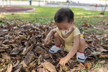 Portrait image of Happy 1-2 years old Asian Chinese child playing on dead leaves