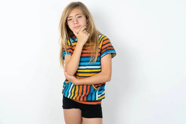 Thoughtful Smiling Beautiful Teen Girl Wearing Striped Colorful Shirt White — Stock Photo, Image