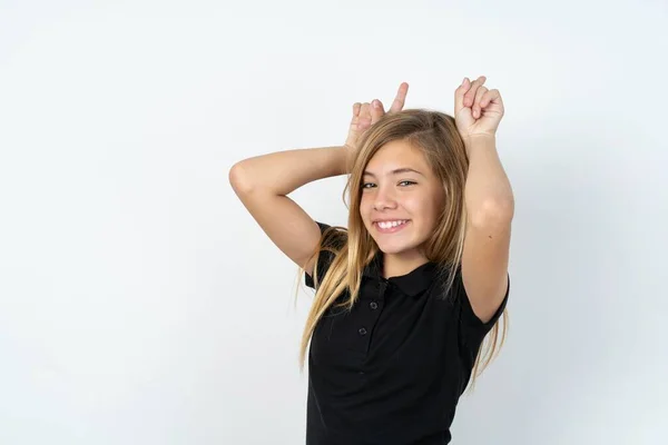 Drôle Belle Adolescent Fille Portant Noir Shirt Sur Blanc Studio — Photo