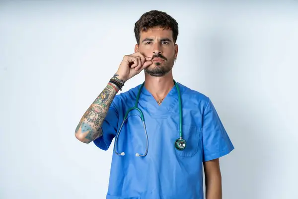 Handsome Nurse Man Wearing Surgeon Uniform White Background Mouth Lips — Stock Photo, Image