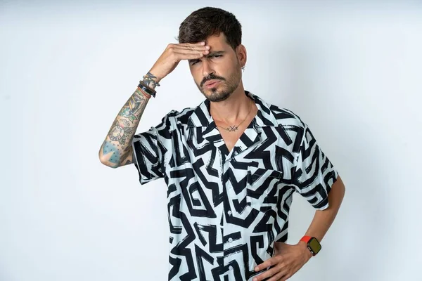 Young Caucasian Man Wearing Printed Shirt Having Problems Worried Stressed — Stock Photo, Image