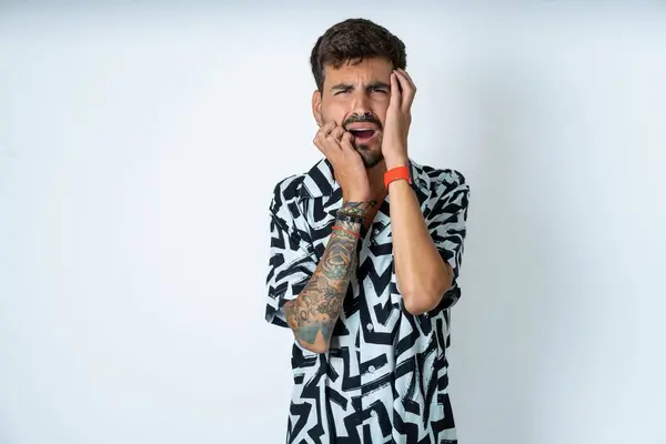 Doleful Desperate Crying Young Caucasian Man Wearing Printed Shirt Looks — Stock Photo, Image