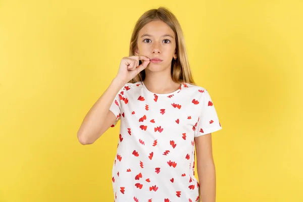 Caucasian Kid Girl Wearing Polka Dot Shirt Yellow Background Mouth — Stock Photo, Image