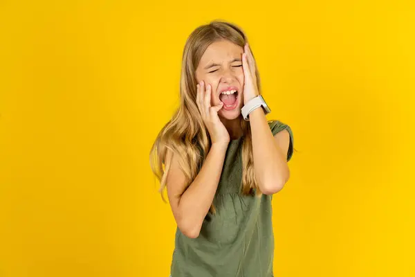 Doleful Desperate Crying Blond Little Girl Wearing Khaki Blouse Yellow — Stock Photo, Image