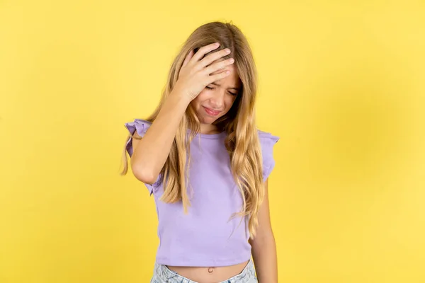 Very Upset Lonely Blonde Girl Wearing Violet Shirt Yellow Background — Stock Photo, Image