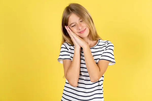 Beautiful Caucasian Teen Girl Wearing Striped Shirt Yellow Background Leans — Stock Photo, Image