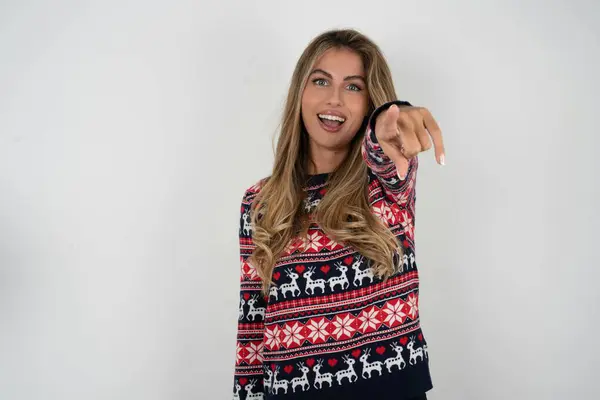 Excited Positive Beautiful Blonde Woman Wearing Knitted Christmas Sweater Points — Stock Photo, Image