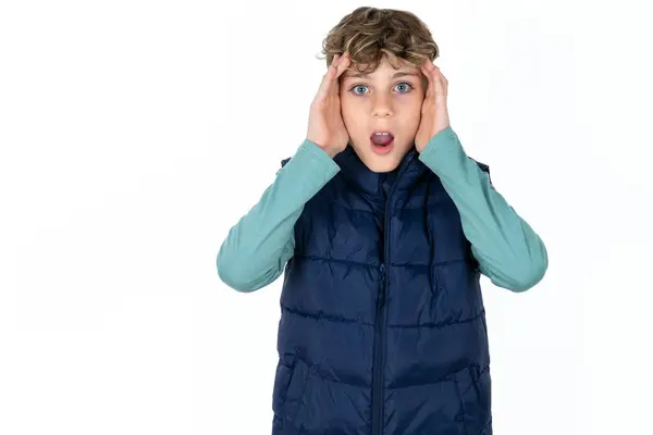 Handsome Caucasian Teen Boy Blue Vest Scared Expression Keeps Hands — Stock Photo, Image