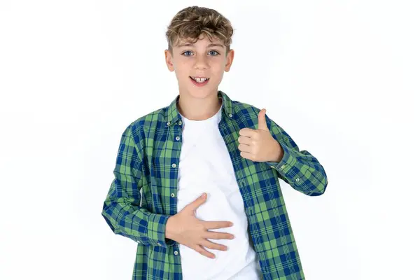 Handsome Teen Boy Wearing Plaid Shirt White Background Happy Positive — Stock Photo, Image