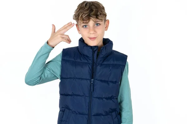 Unhappy Handsome Caucasian Teen Boy Blue Vest Makes Suicide Gesture — Stock Photo, Image