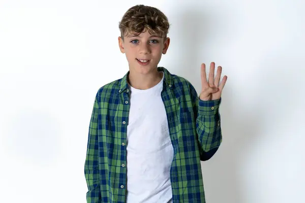 年轻英俊的男孩穿着格子呢衬衫 披着白色的背景 手指头指向四号 面带微笑 自信而快乐 — 图库照片