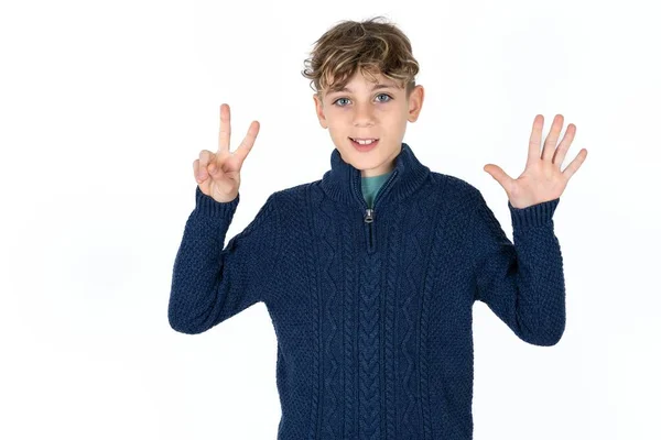 Handsome Caucasian Teen Boy Blue Sweater Showing Pointing Fingers Number — Stock Photo, Image