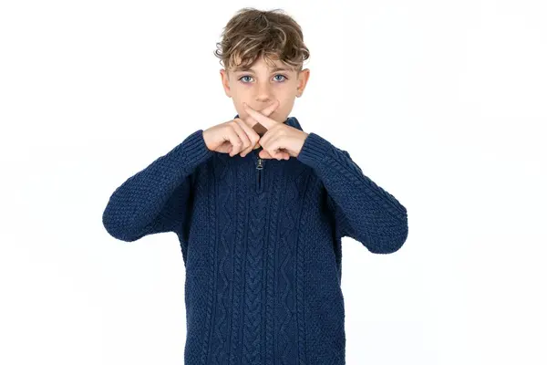 Handsome Caucasian Teen Boy Blue Sweater Has Rejection Angry Expression — Stock Photo, Image