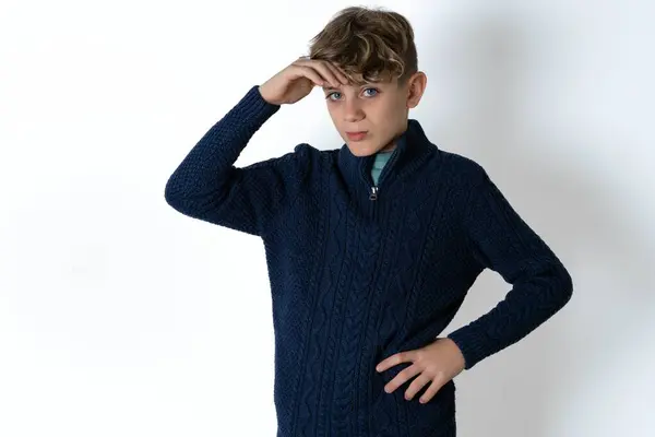 Handsome Caucasian Teen Boy Blue Sweater Having Problems Worried Stressed — Stock Photo, Image